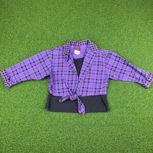 Vintage Freeze Frame Girls Purple Plaid Long Sleeve Tie Front Blouse Sz 7-8